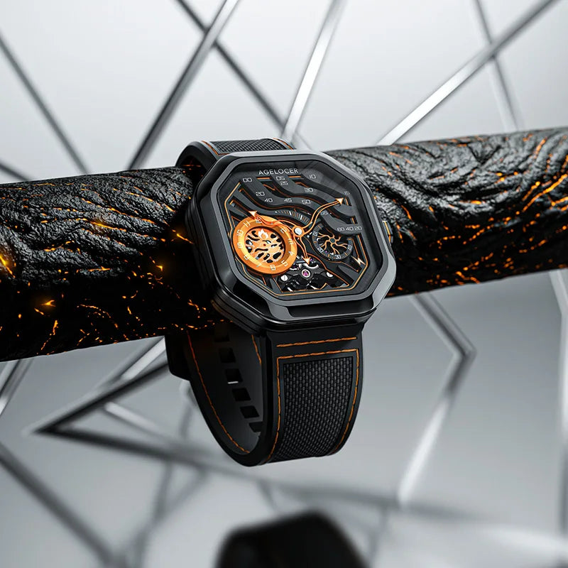 AGELOCER Original Volcano Watch Men's Luxury Luminous Skeleton Automatic Mechanical Watch Birthday Gift for Men