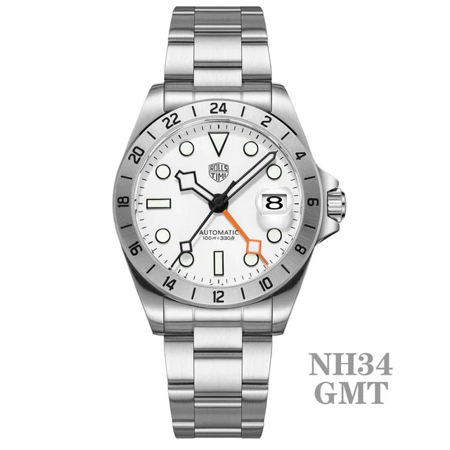 RollsTime New GMT Automatic Mechanical Watch Men Japan NH34A Stainless Steel Wristwatch AR Sapphire Crystal Waterproof