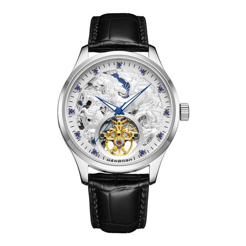 HANBORO Ten Thousand Horses Series Men's Automatic Mechanical Watch Skeleton Balance Wheel Stainless Steel 44MM Dial Push Button