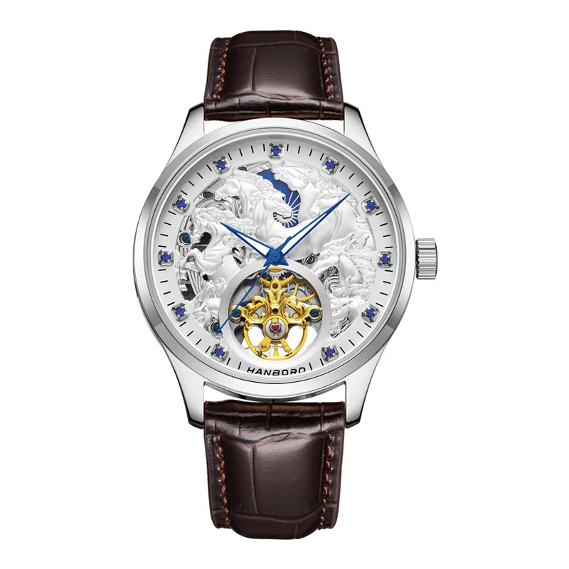 HANBORO Ten Thousand Horses Series Men's Automatic Mechanical Watch Skeleton Balance Wheel Stainless Steel 44MM Dial Push Button