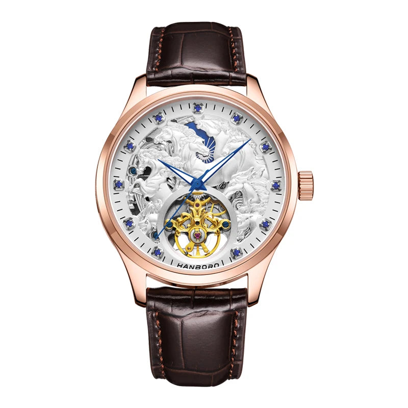HANBORO Ten Thousand Horses Series Men's Automatic Mechanical Watch Skeleton Balance Wheel Stainless Steel 44MM Dial Push Button