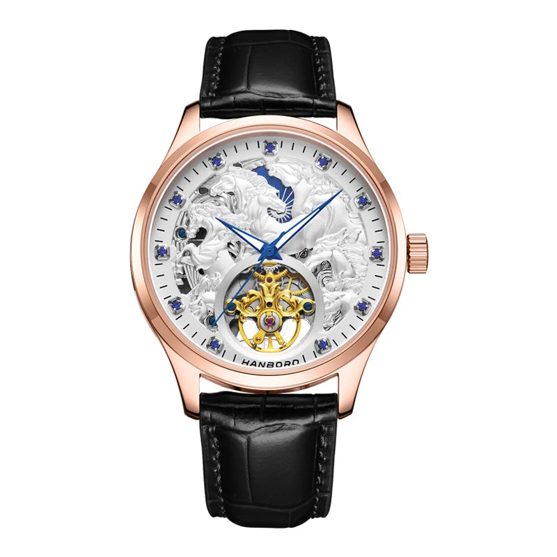 HANBORO Ten Thousand Horses Series Men's Automatic Mechanical Watch Skeleton Balance Wheel Stainless Steel 44MM Dial Push Button